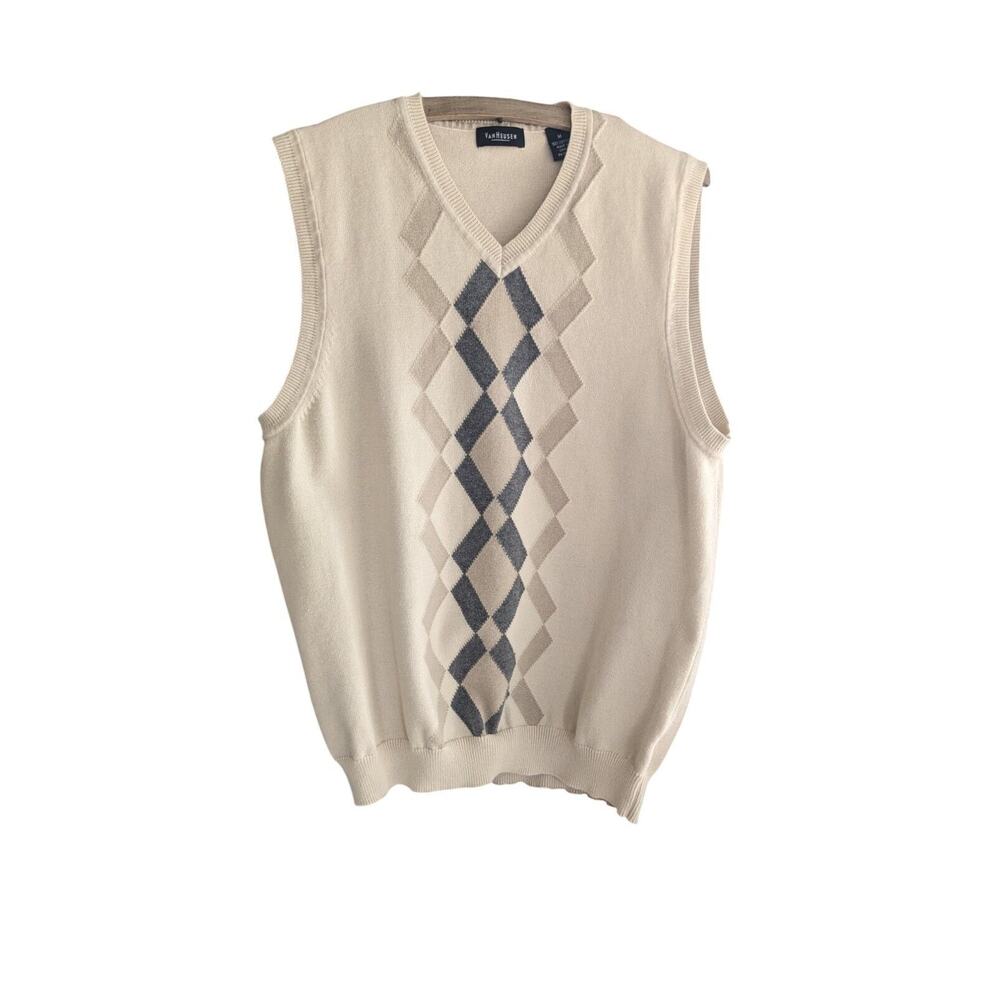 Van Heusen Argyle Sweater Vest Mens Med Beige Grey Cotton V-Neck Golf Pullover